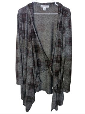 New York Laundry Black and Gray Plaid Draped Open-Front Cardigan, Super Soft!
